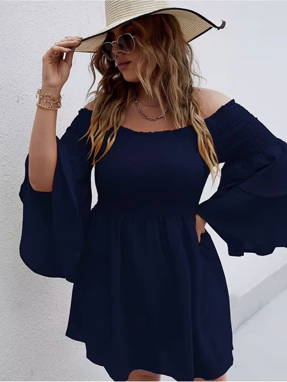 SHEIN Black Off-Shoulder Smocked Mini Dress with Bell Sleeves